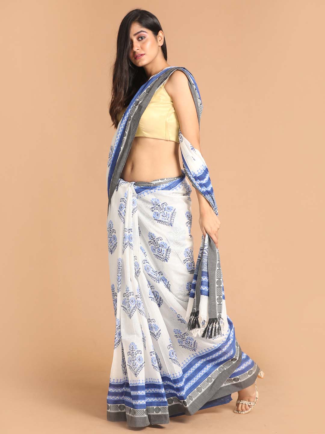 Indethnic Printed Pure Cotton Saree in Blue - View 2