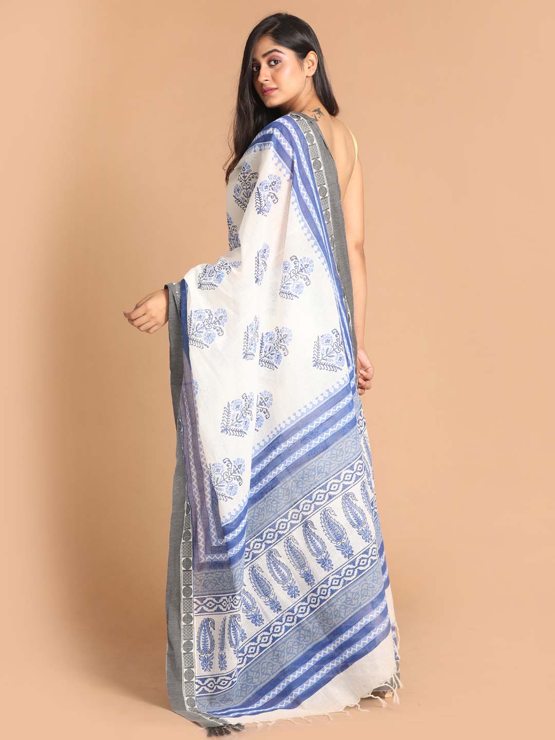 Indethnic Printed Pure Cotton Saree in Blue - View 3