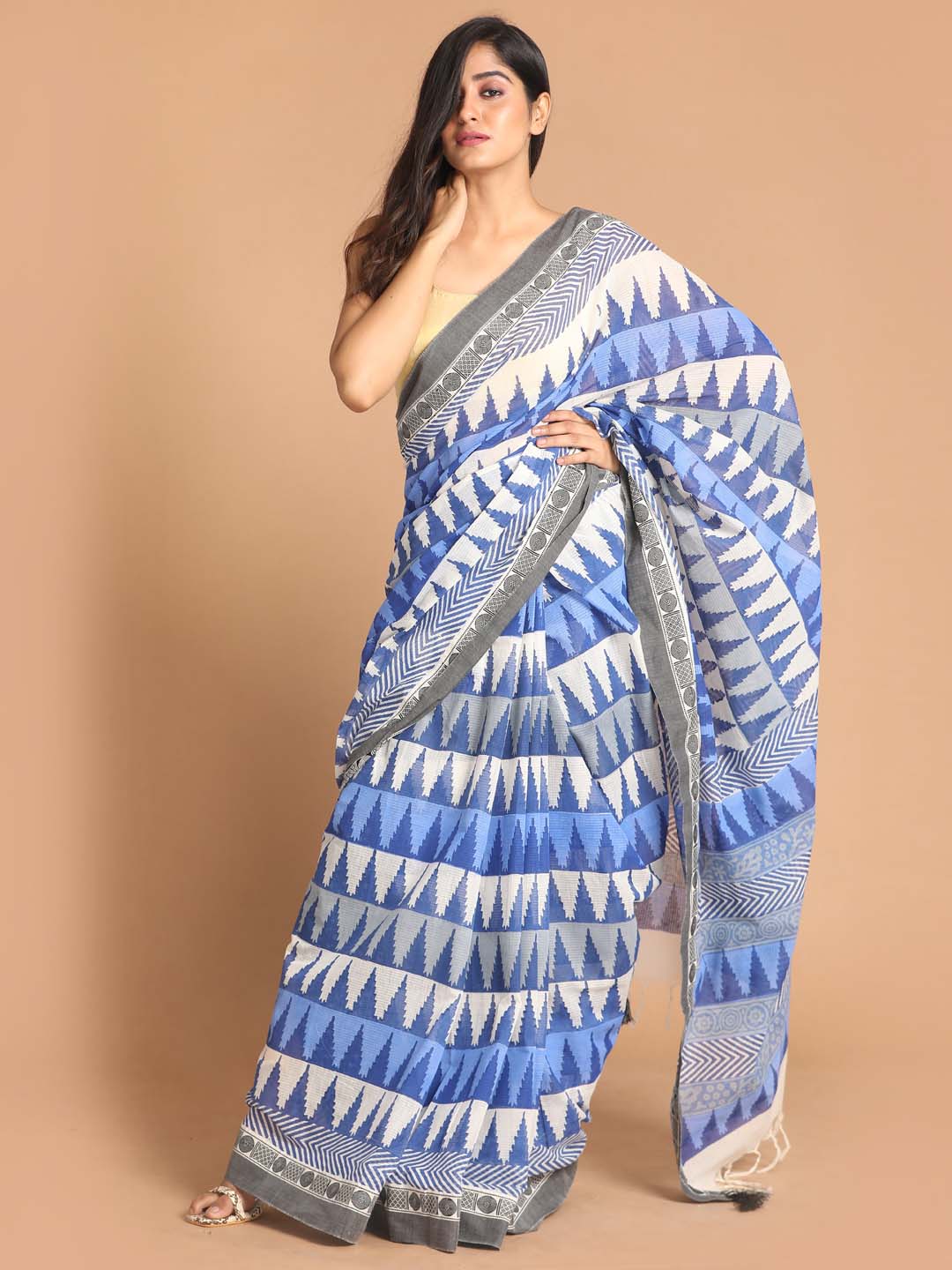 Indethnic Printed Pure Cotton Saree in Blue - View 1