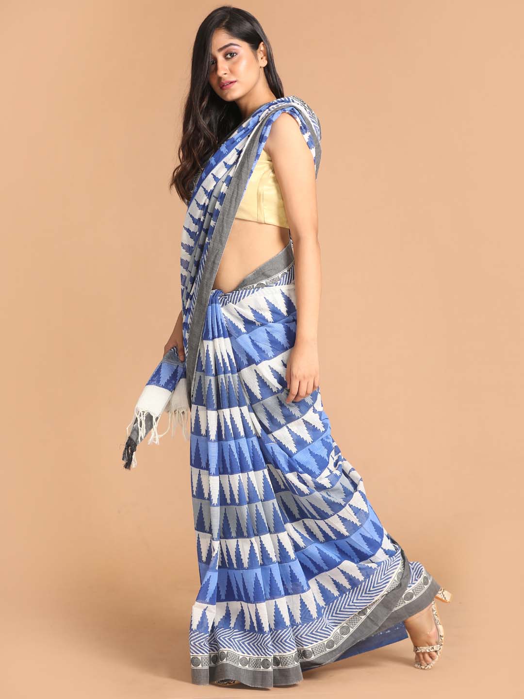 Indethnic Printed Pure Cotton Saree in Blue - View 2