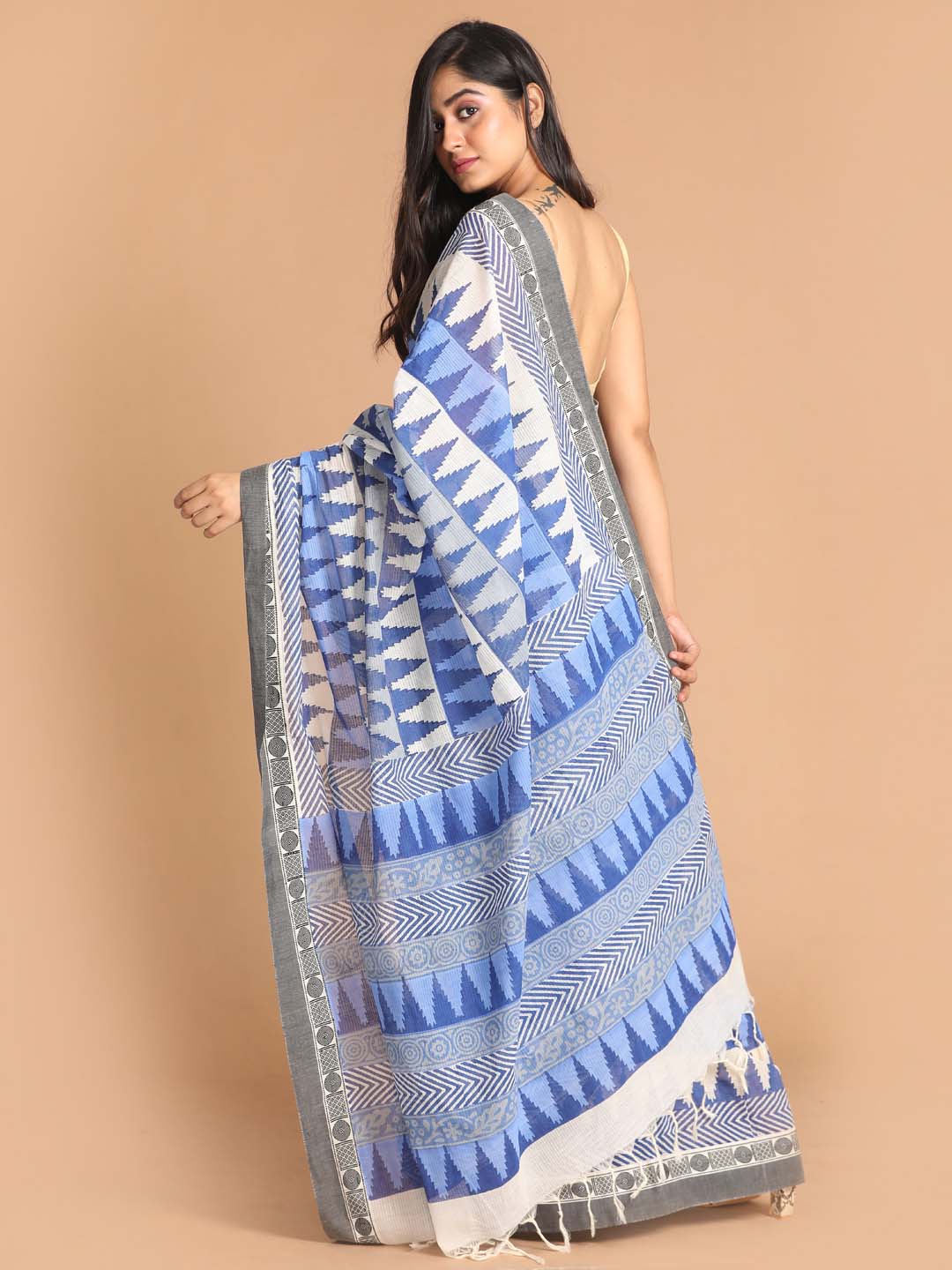 Indethnic Printed Pure Cotton Saree in Blue - View 3