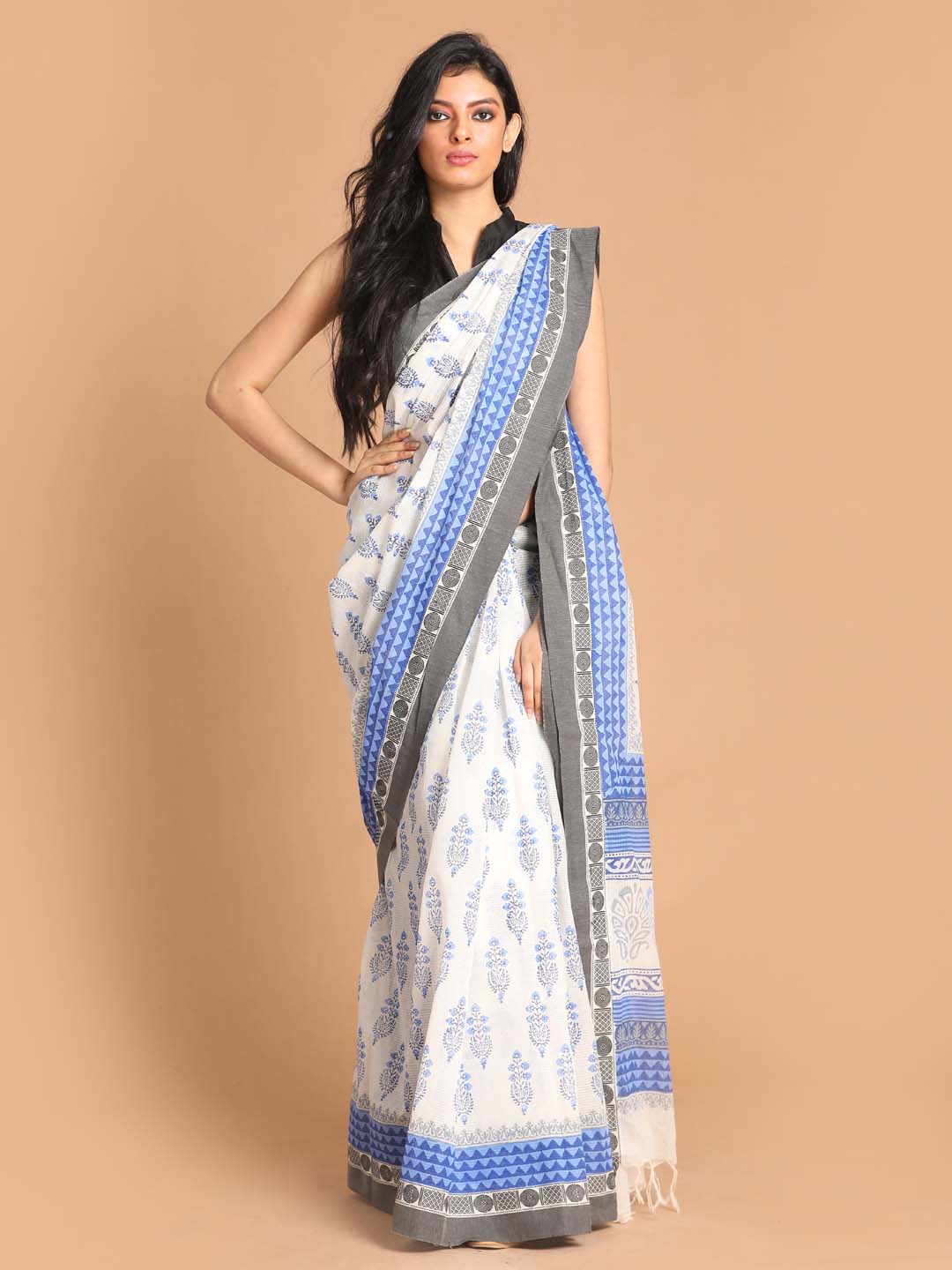 Indethnic Printed Pure Cotton Saree in Blue - View 1