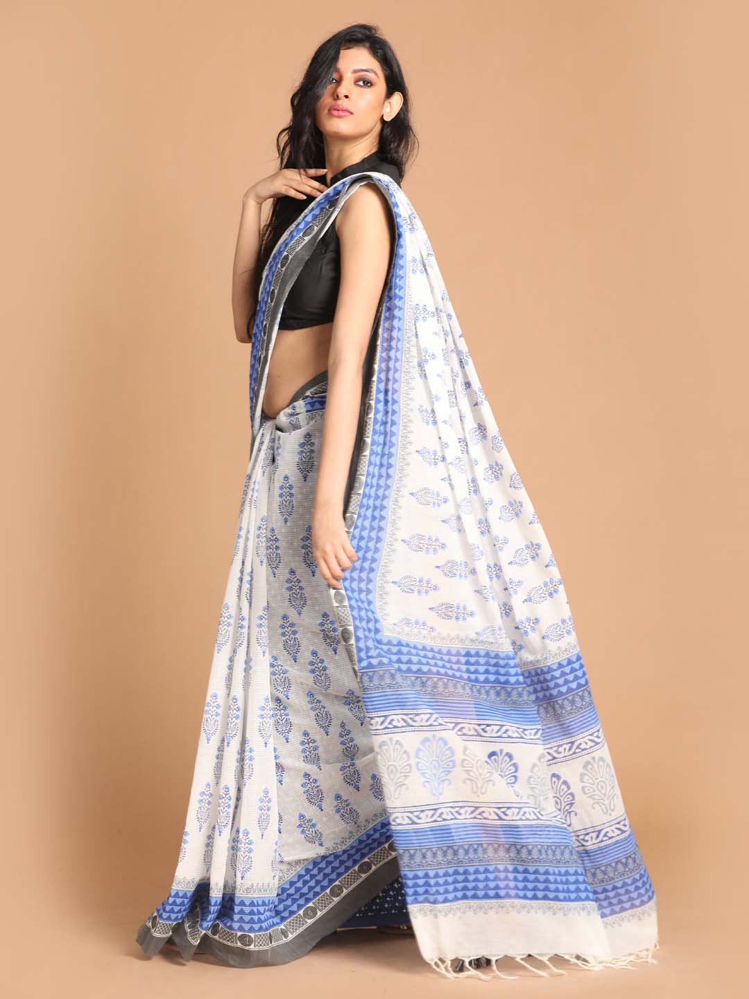 Indethnic Printed Pure Cotton Saree in Blue - View 2