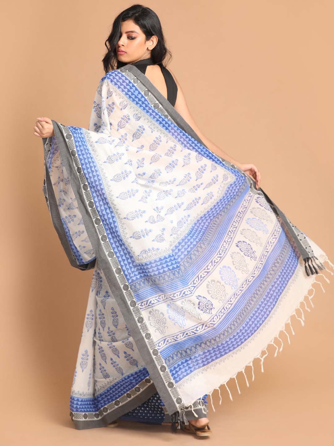 Indethnic Printed Pure Cotton Saree in Blue - View 3