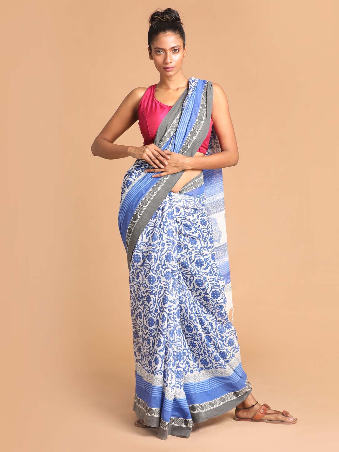 Indethnic Printed Pure Cotton Saree in Blue - View 1