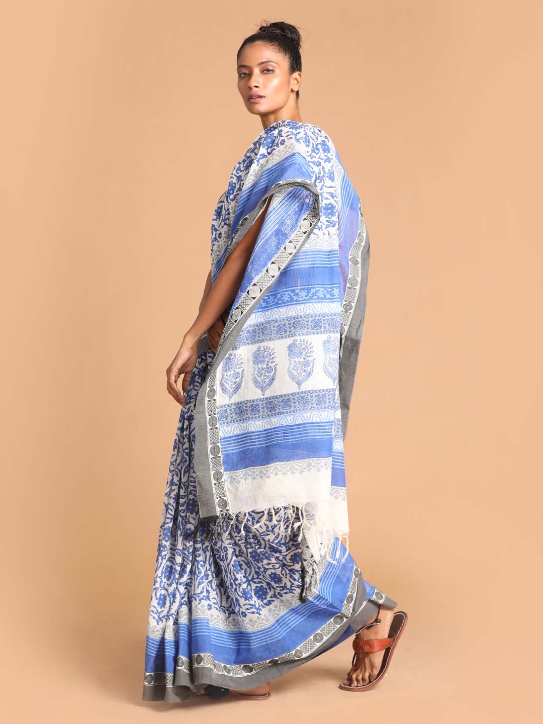 Indethnic Printed Pure Cotton Saree in Blue - View 2