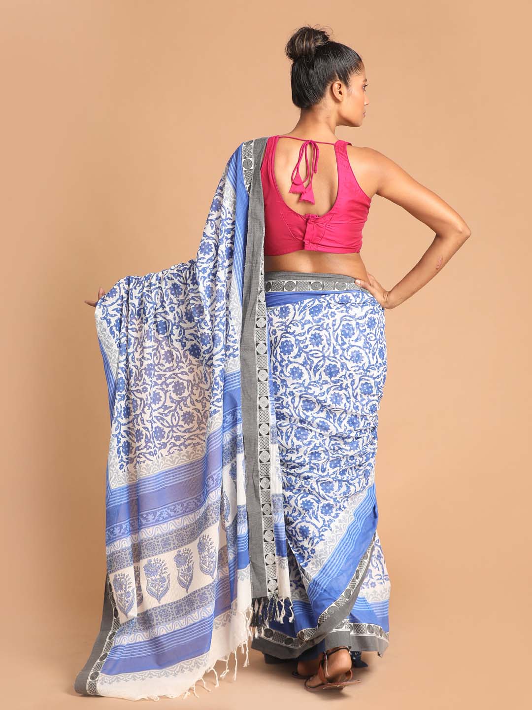 Indethnic Printed Pure Cotton Saree in Blue - View 3