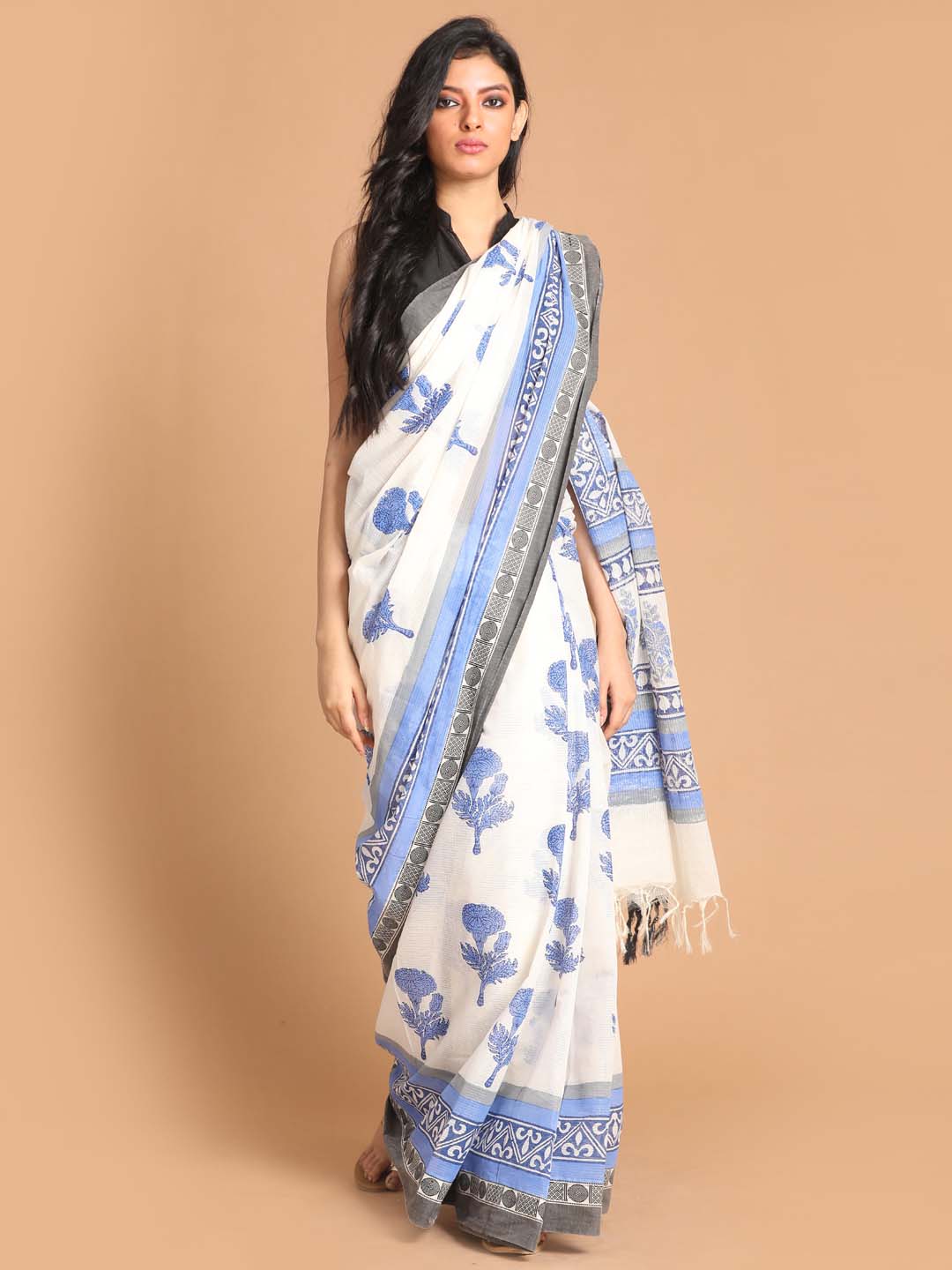 Indethnic Printed Pure Cotton Saree in Blue - View 1