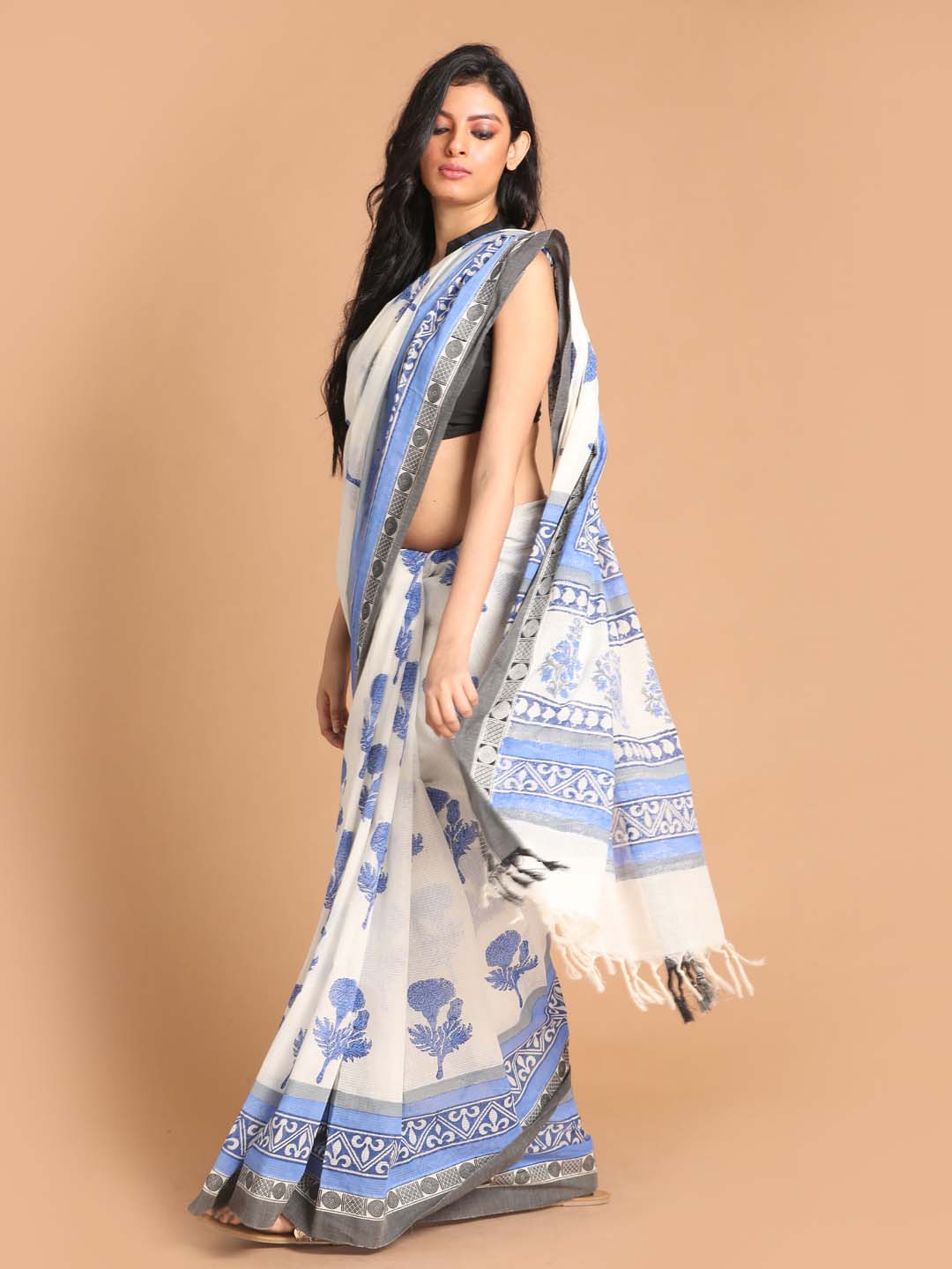 Indethnic Printed Pure Cotton Saree in Blue - View 2