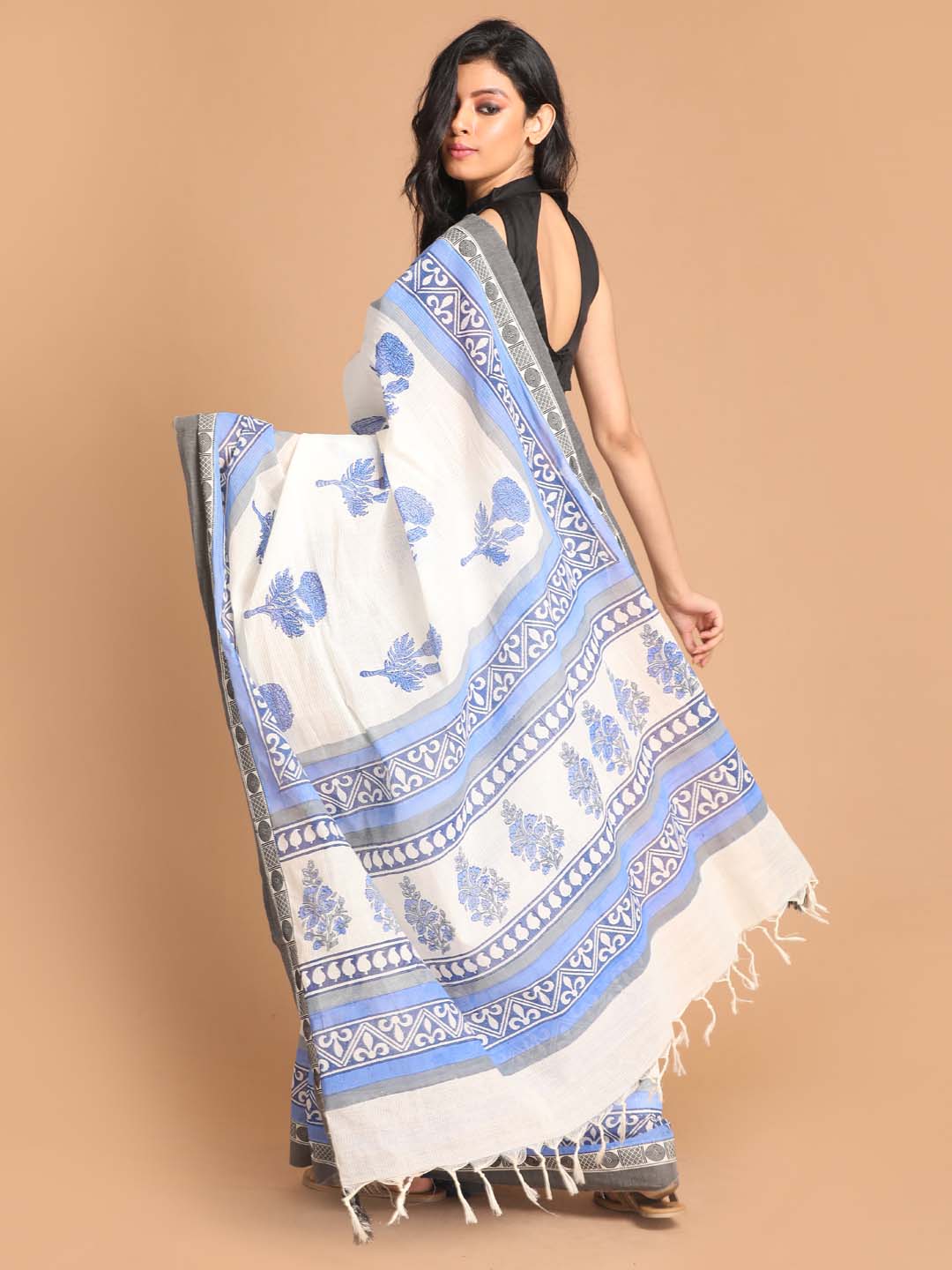 Indethnic Printed Pure Cotton Saree in Blue - View 3