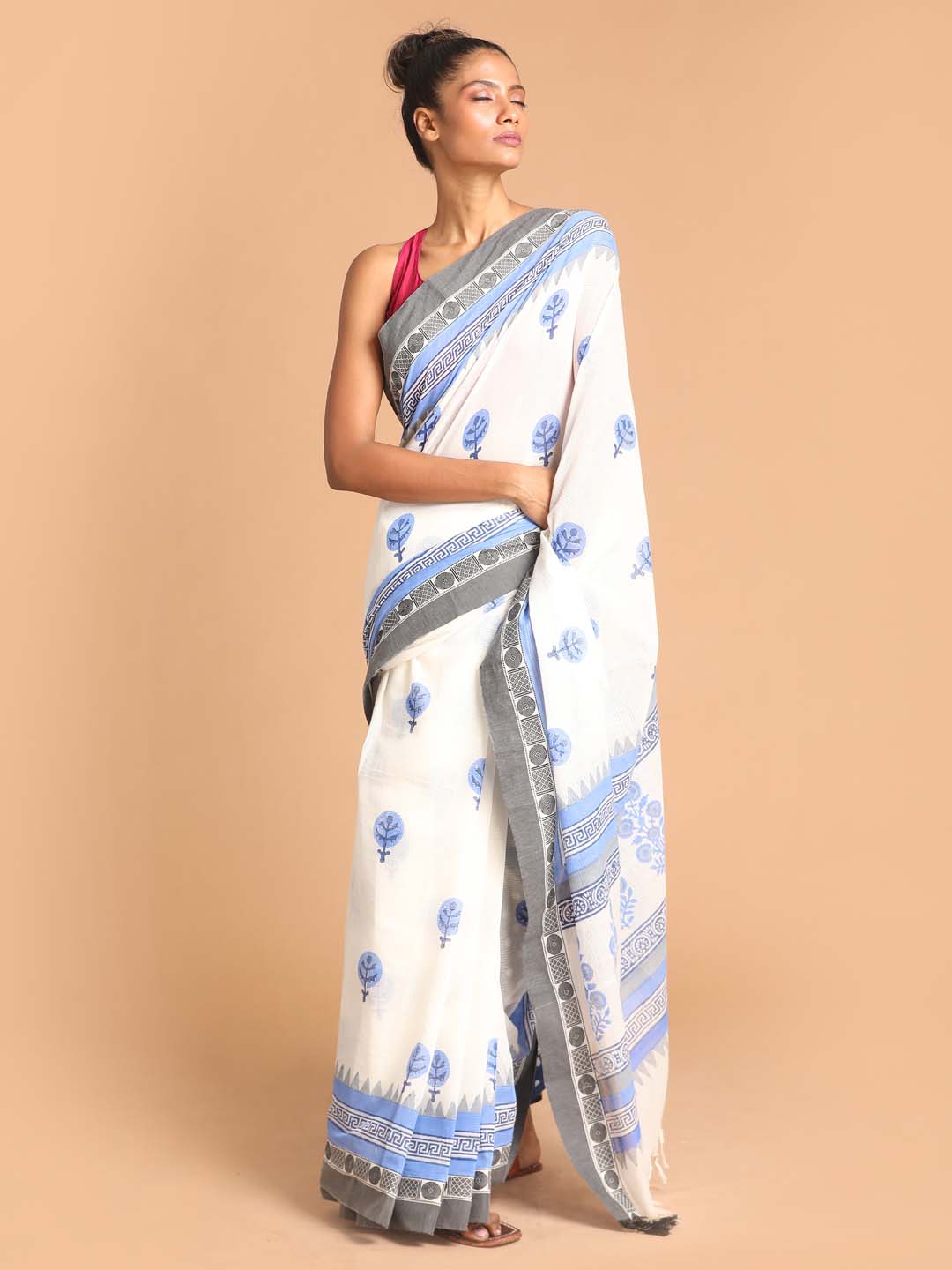 Indethnic Printed Pure Cotton Saree in Blue - View 1