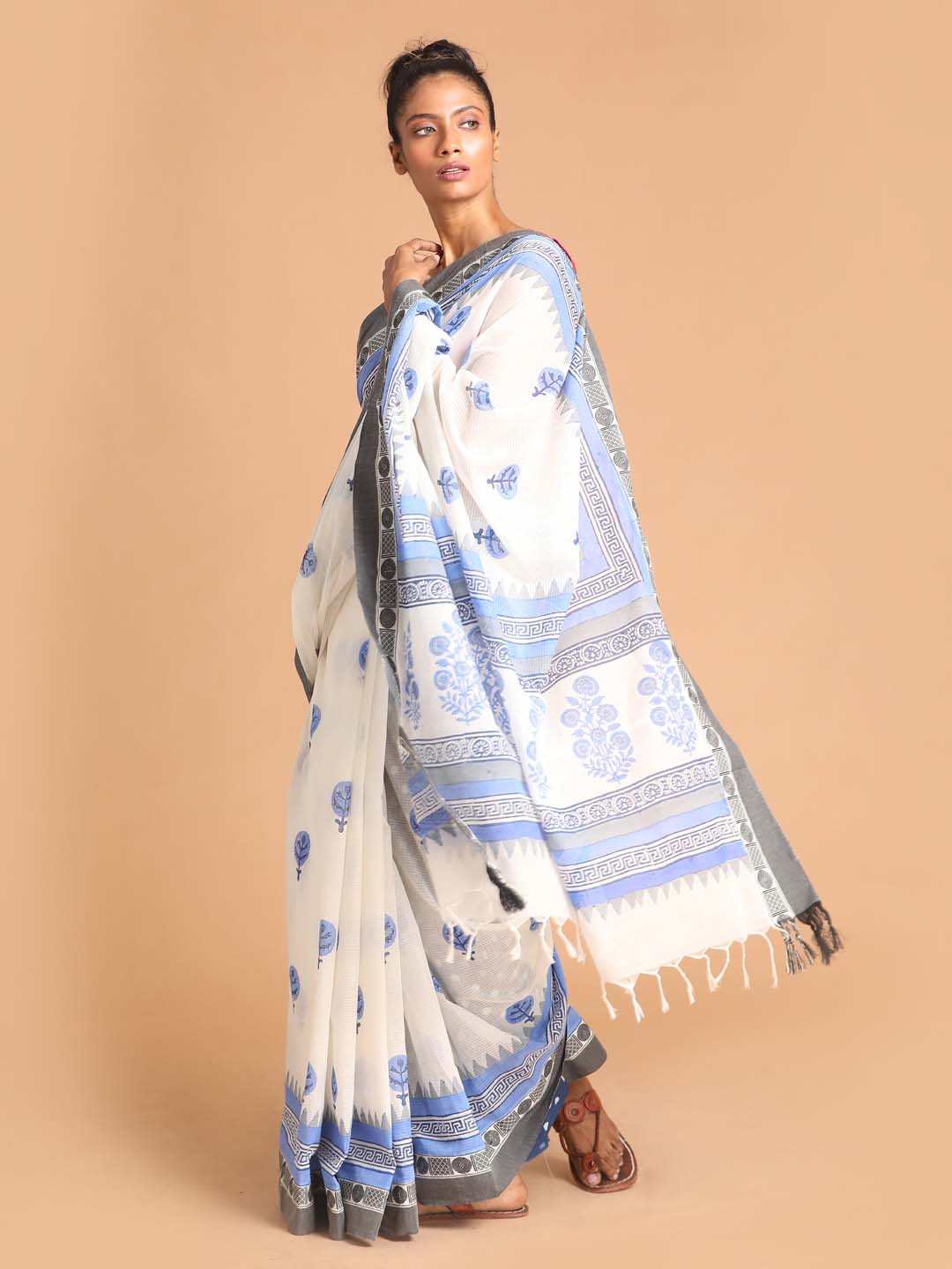 Indethnic Printed Pure Cotton Saree in Blue - View 2