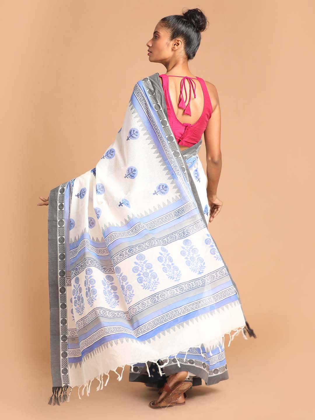 Indethnic Printed Pure Cotton Saree in Blue - View 3