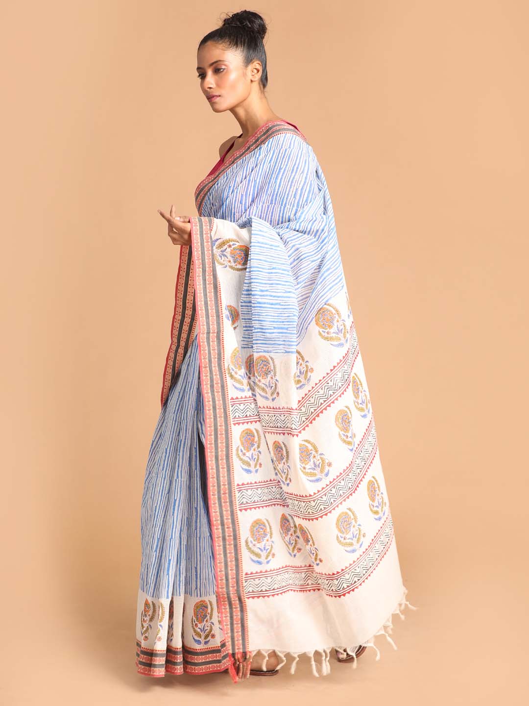 Indethnic Printed Pure Cotton Saree in Blue - View 3