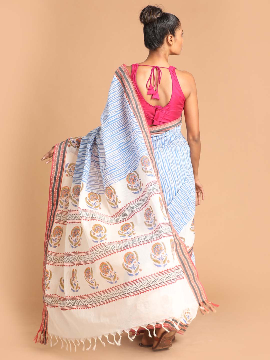 Indethnic Printed Pure Cotton Saree in Blue - View 2