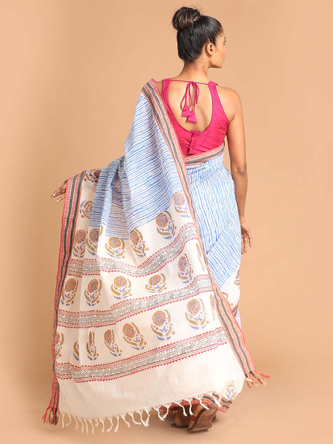 Indethnic Printed Pure Cotton Saree in Blue - View 1