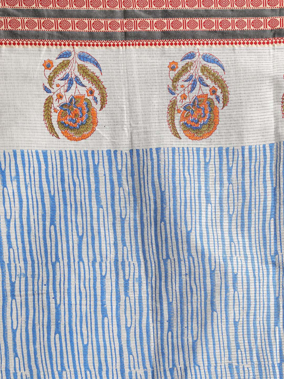 Indethnic Printed Pure Cotton Saree in Blue - Saree Detail View