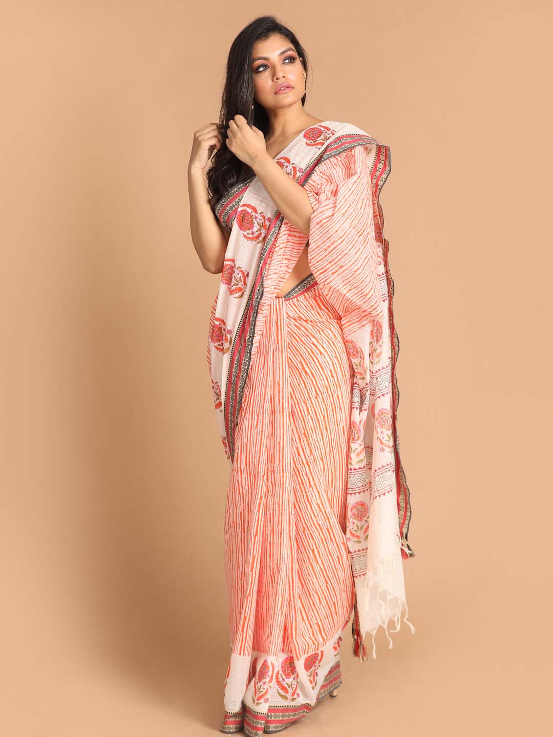 Indethnic Printed Pure Cotton Saree in Coral - View 1