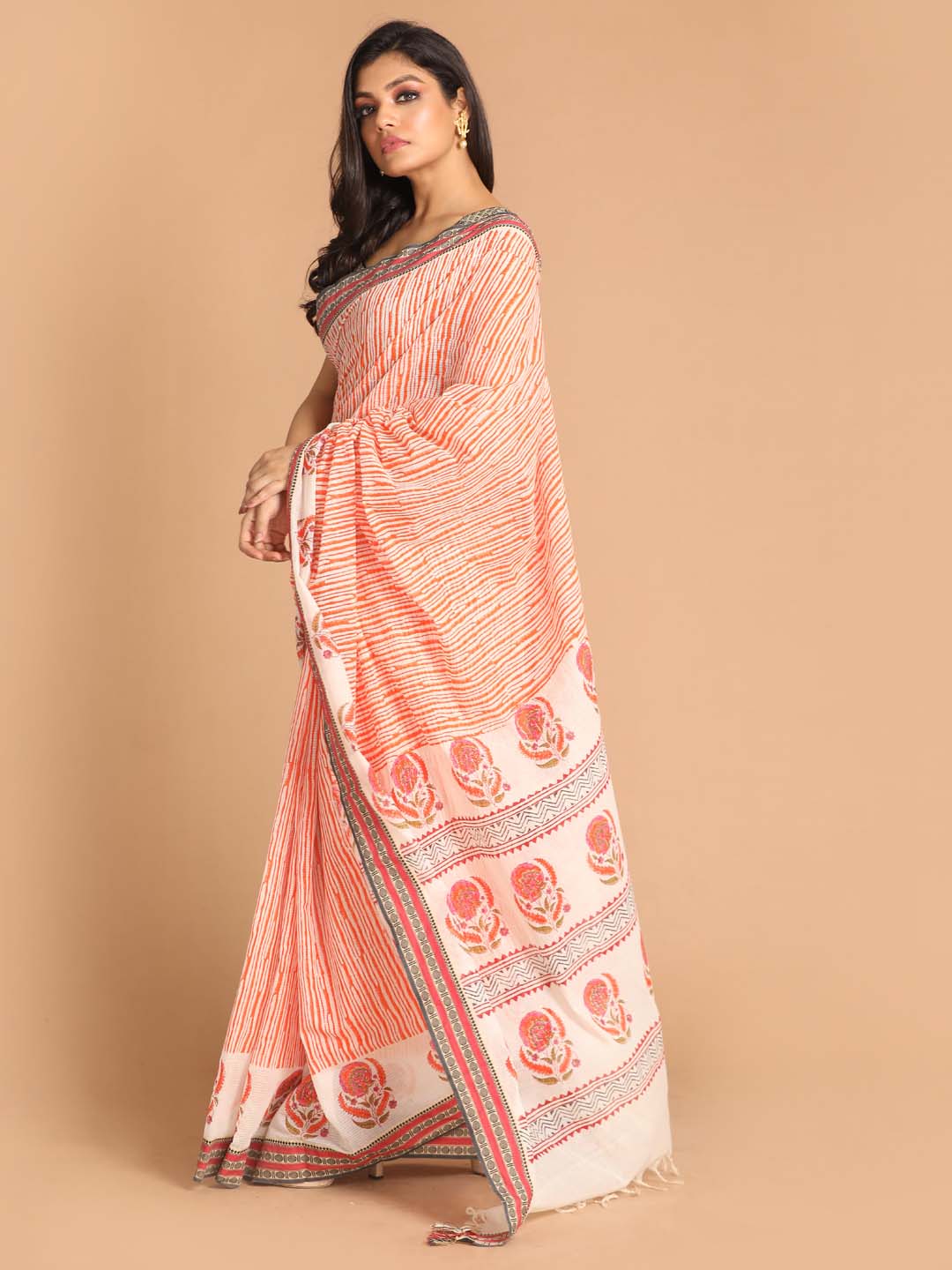 Indethnic Printed Pure Cotton Saree in Coral - View 1
