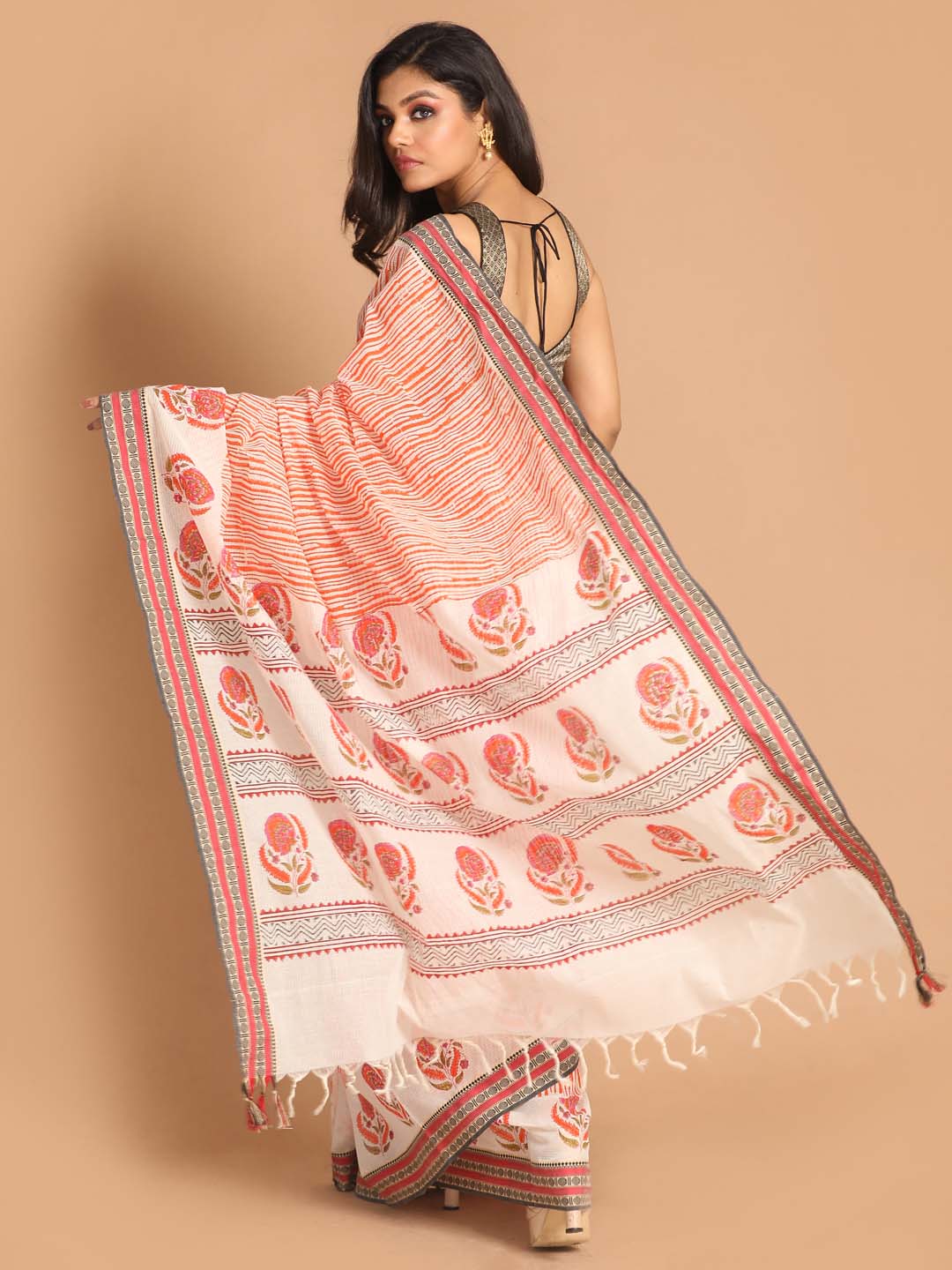 Indethnic Printed Pure Cotton Saree in Coral - View 3