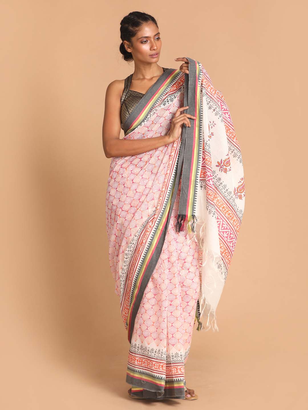 Indethnic Printed Pure Cotton Saree in Coral - View 1