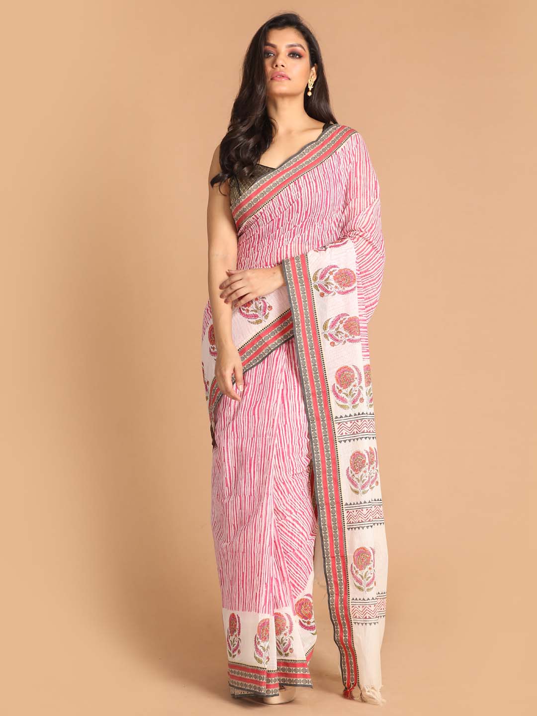 Indethnic Printed Pure Cotton Saree in Magenta - View 1