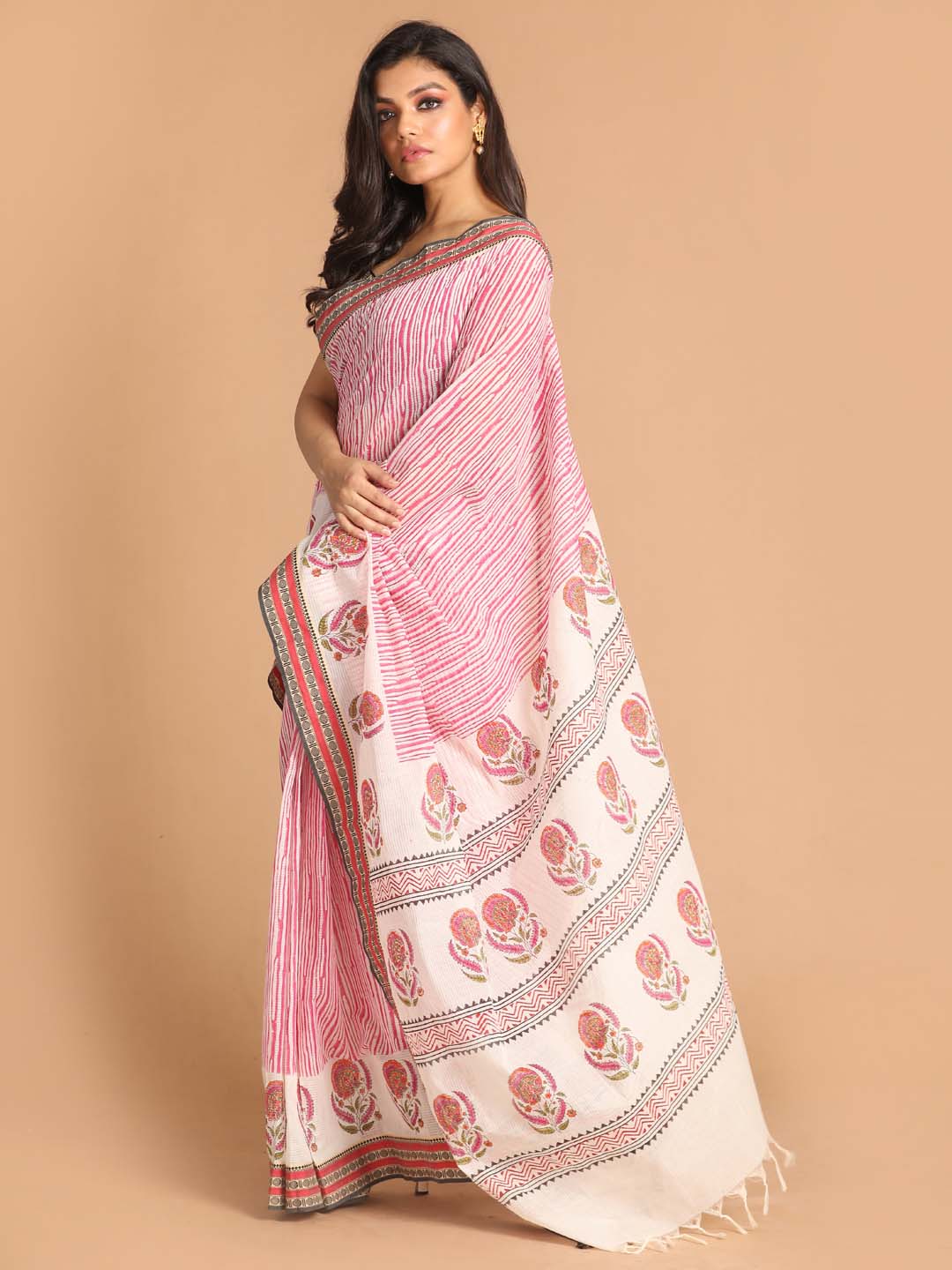 Indethnic Printed Pure Cotton Saree in Magenta - View 2