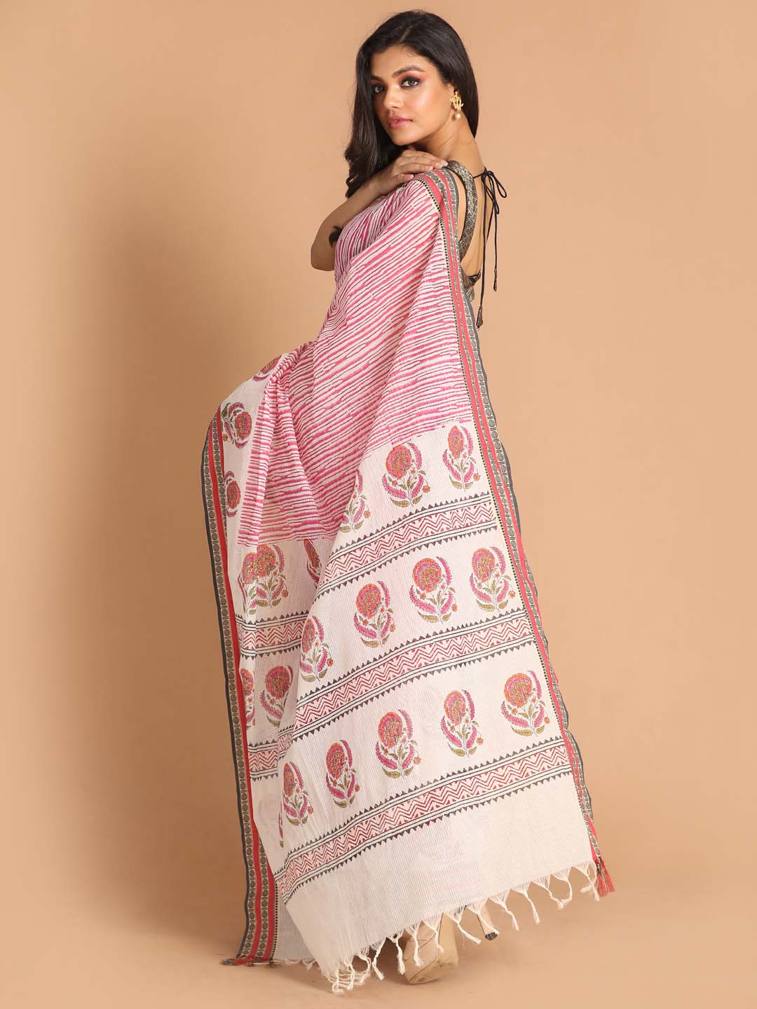 Indethnic Printed Pure Cotton Saree in Magenta - View 3