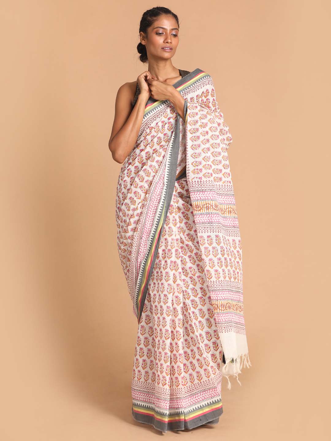 Indethnic Printed Pure Cotton Saree in Magenta - View 1