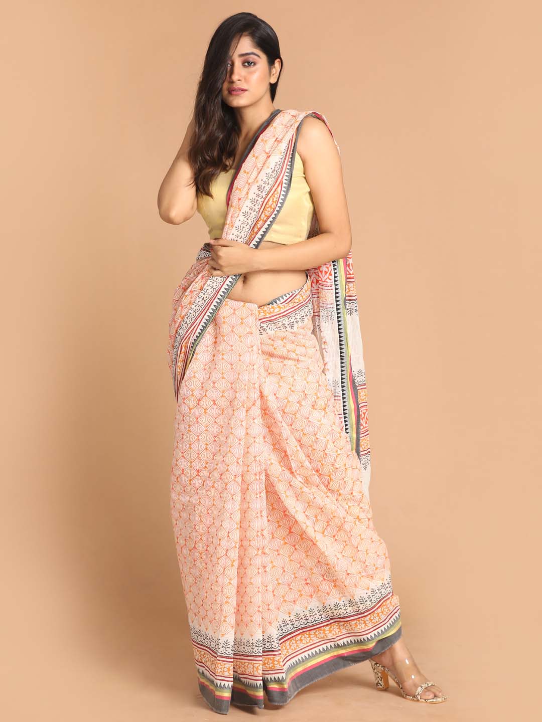 Indethnic Printed Pure Cotton Saree in Mustard - View 1