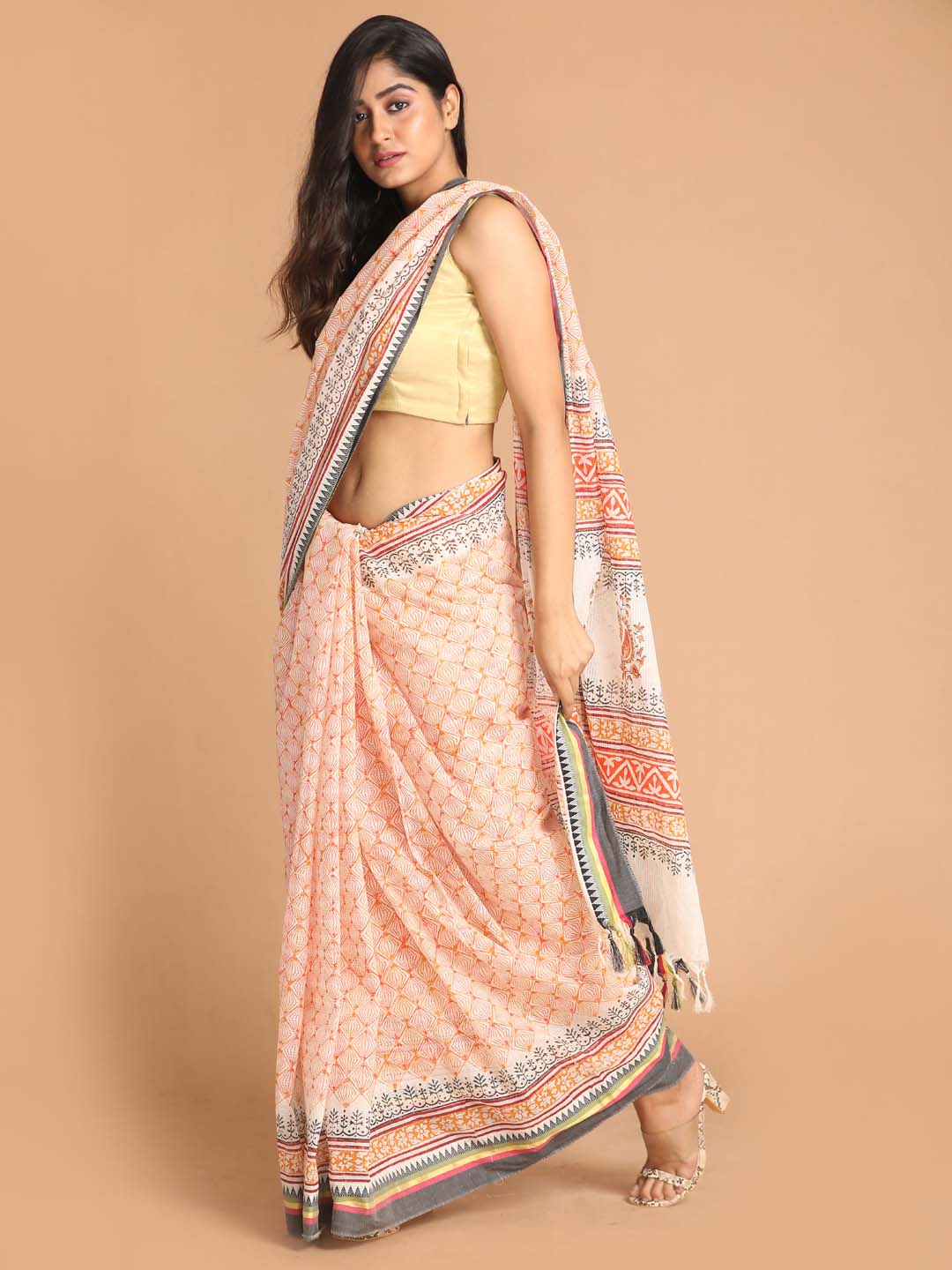 Indethnic Printed Pure Cotton Saree in Mustard - View 1