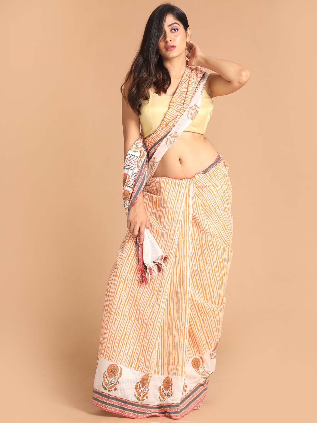 Indethnic Printed Pure Cotton Saree in Rust - View 1