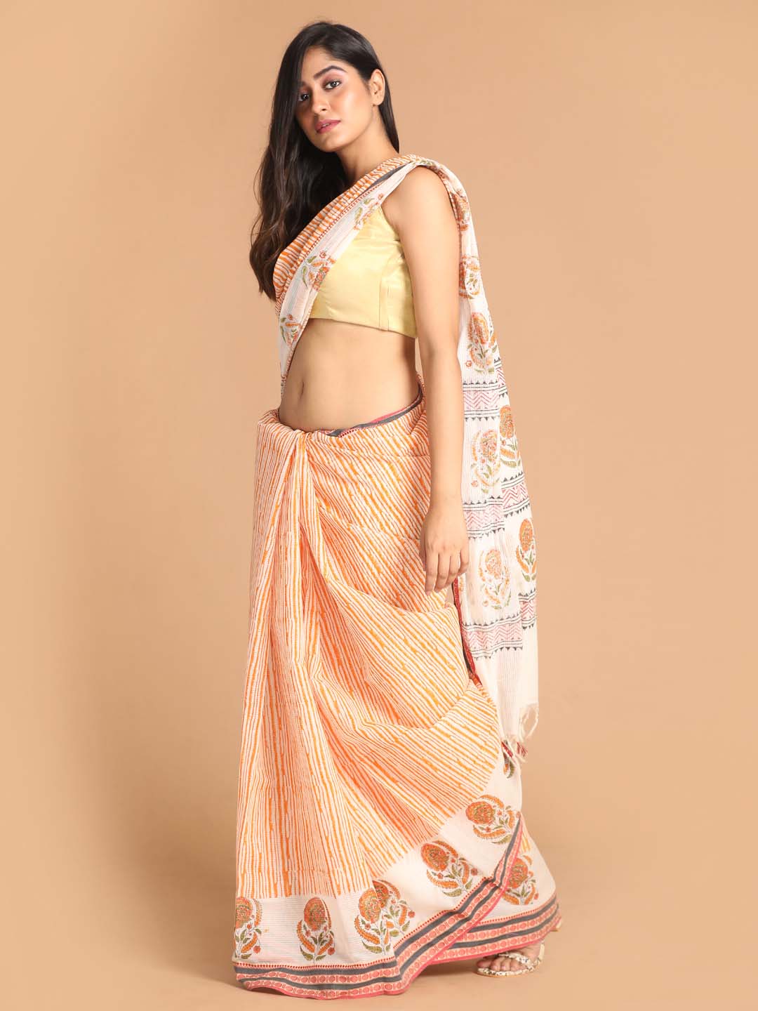 Indethnic Printed Pure Cotton Saree in Rust - View 2