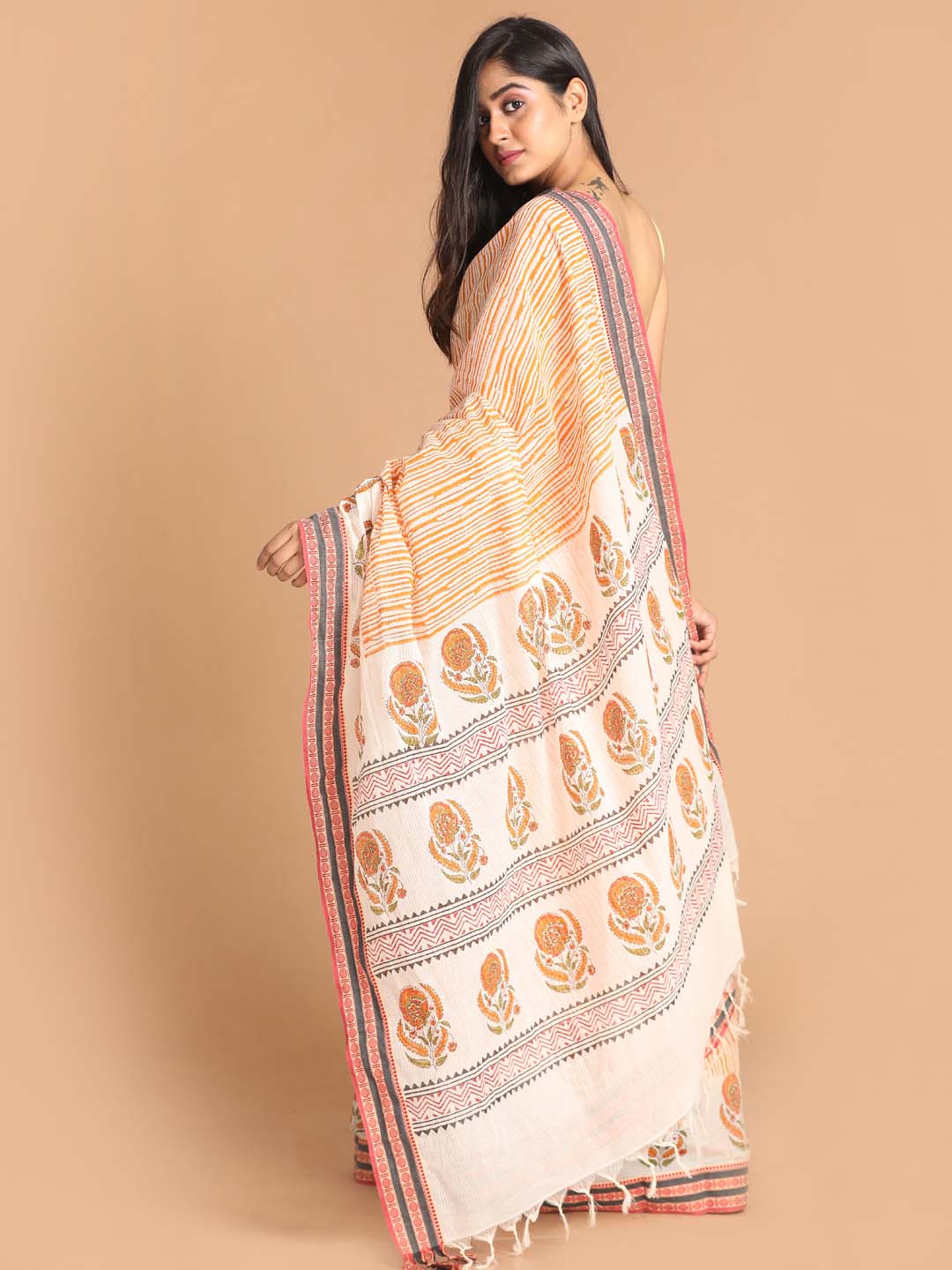 Indethnic Printed Pure Cotton Saree in Rust - View 3