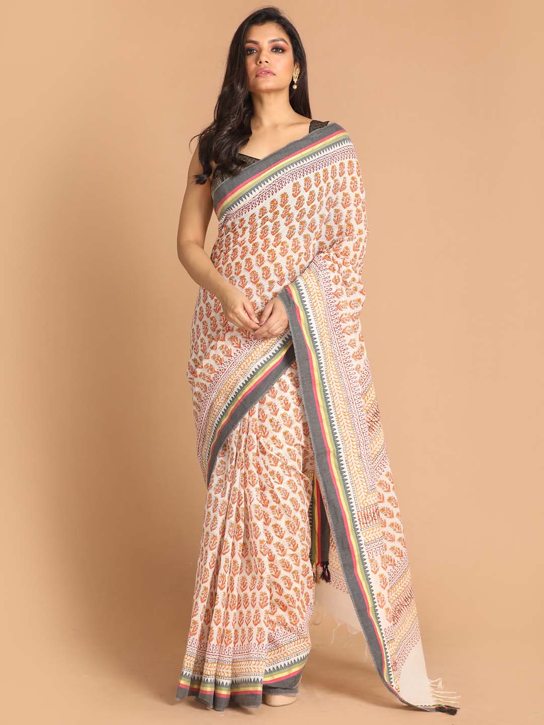Indethnic Printed Pure Cotton Saree in Rust - View 1