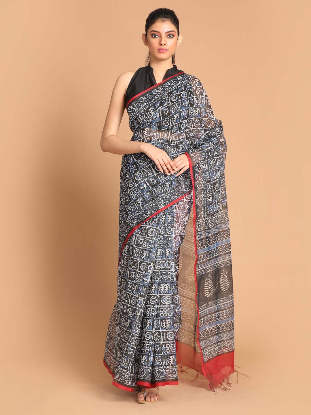 Indethnic Printed Super Net Saree in Black - View 1