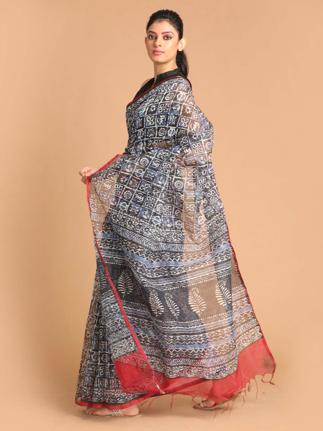 Indethnic Printed Super Net Saree in Black - View 2