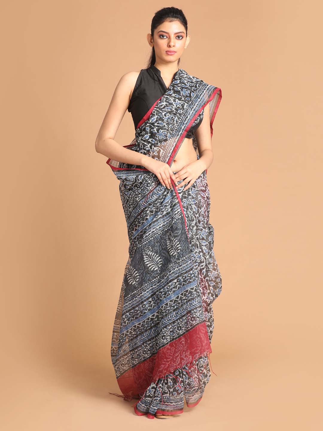 Indethnic Printed Super Net Saree in Black - View 1