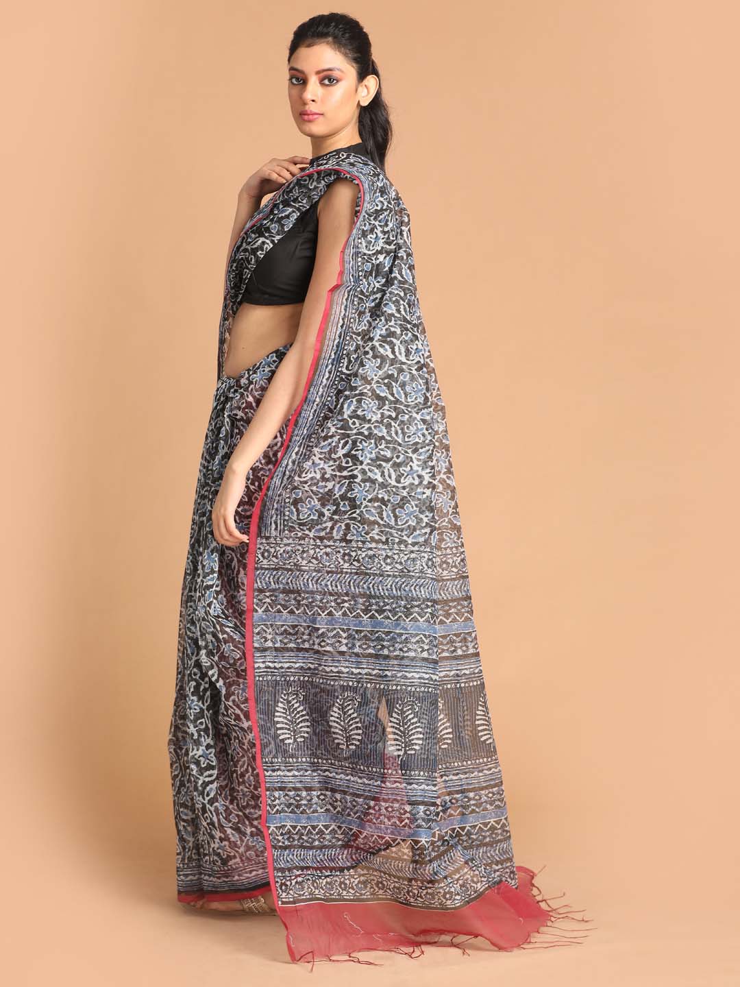 Indethnic Printed Super Net Saree in Black - View 2