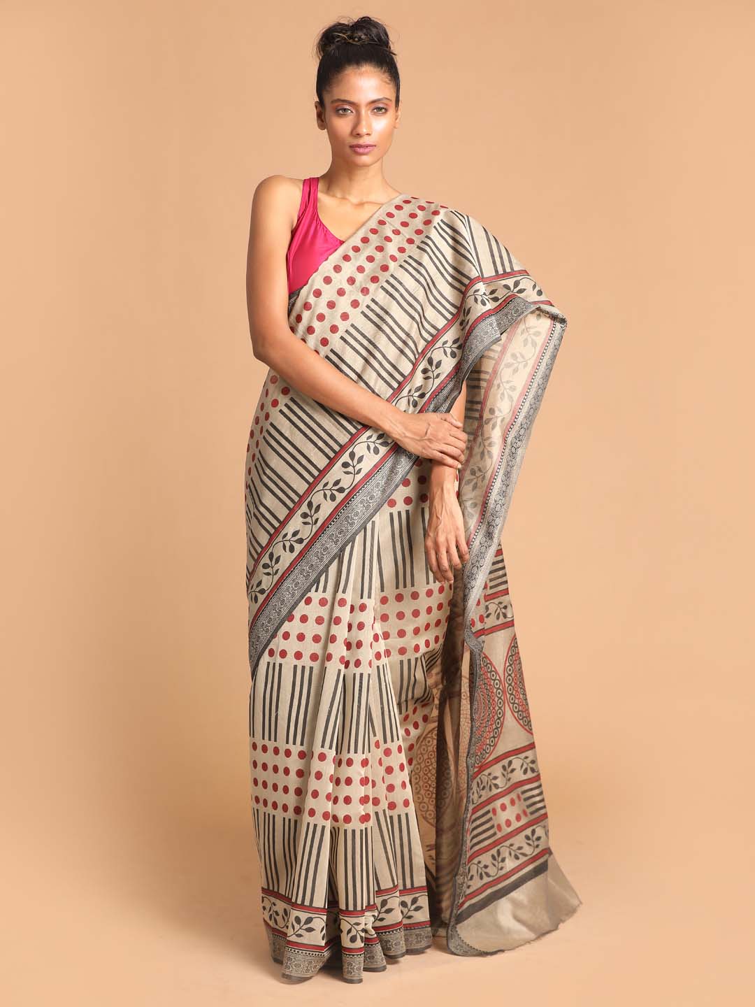 Indethnic Printed Cotton Blend Saree in Black - View 1