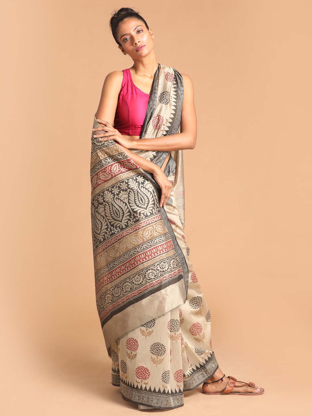 Indethnic Printed Cotton Blend Saree in Black - View 1