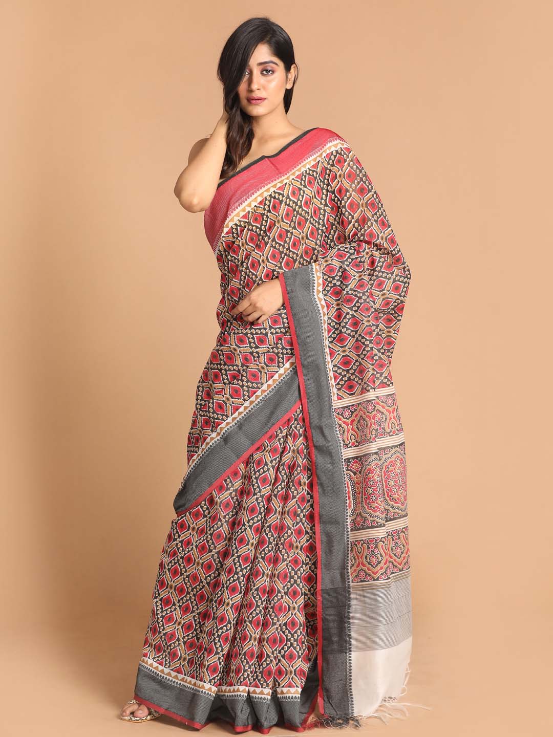 Indethnic Printed Cotton Blend Saree in Black - View 1