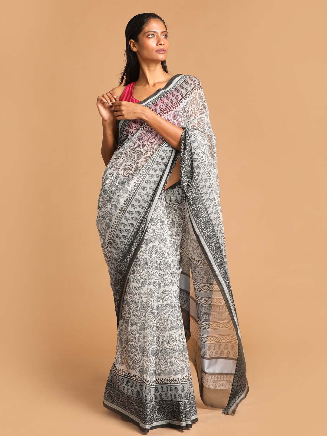 Indethnic Printed Super Net Saree in Black - View 1