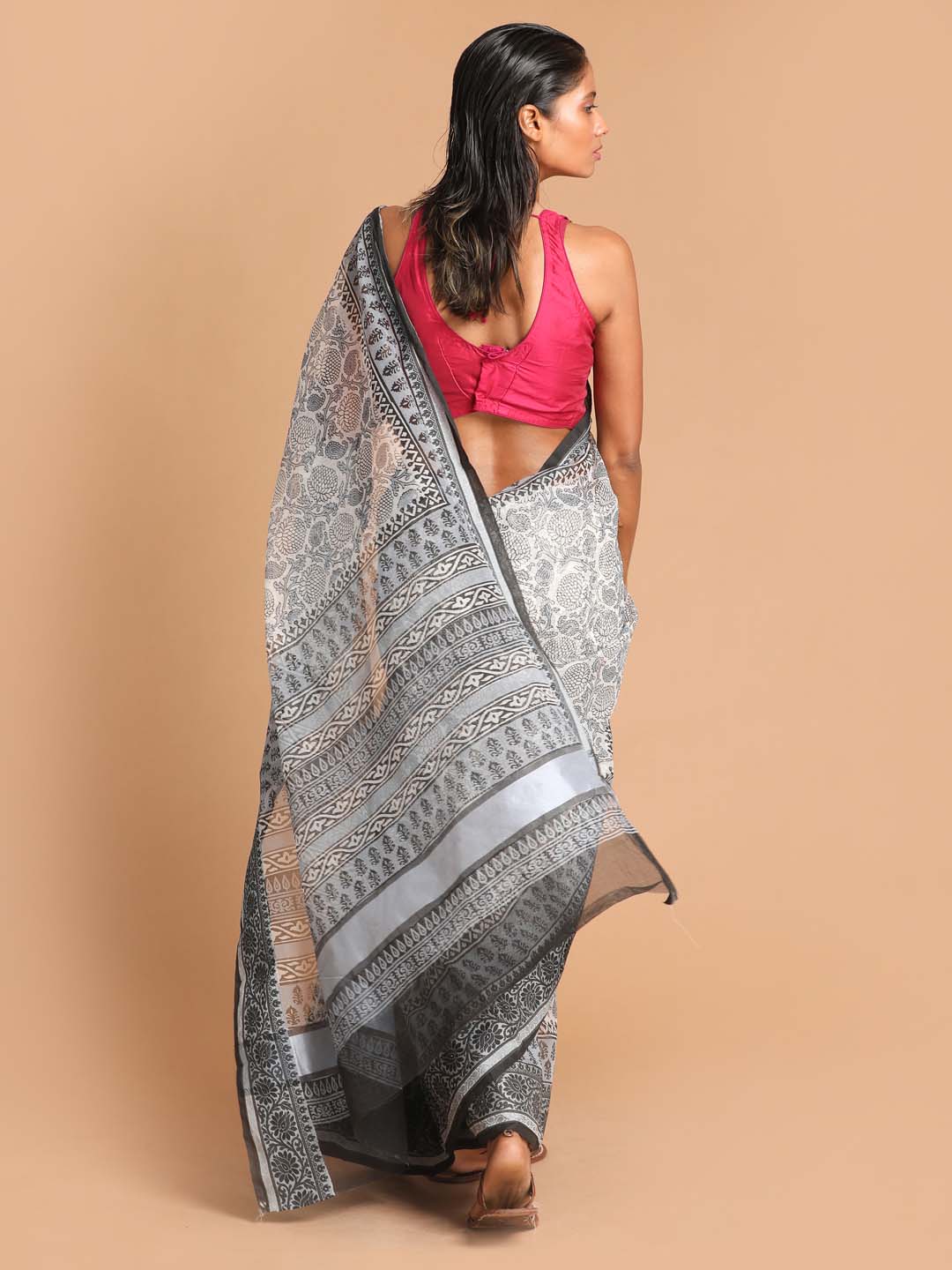 Indethnic Printed Super Net Saree in Black - View 3