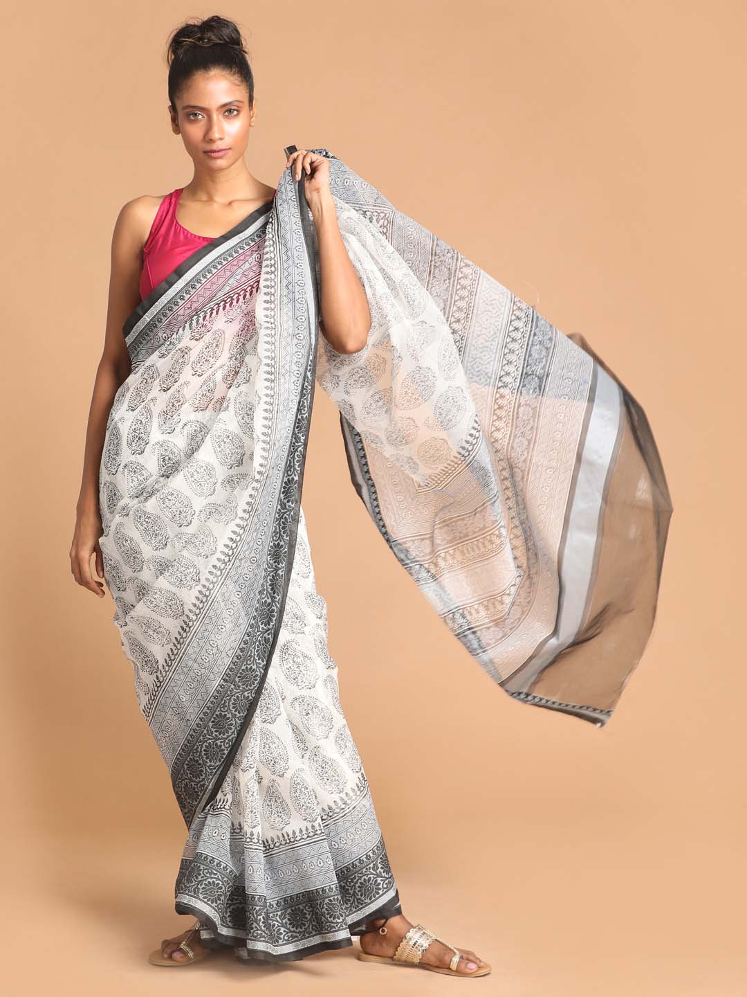 Indethnic Printed Super Net Saree in Black - View 1