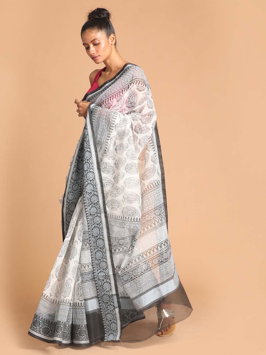 Indethnic Printed Super Net Saree in Black - View 2