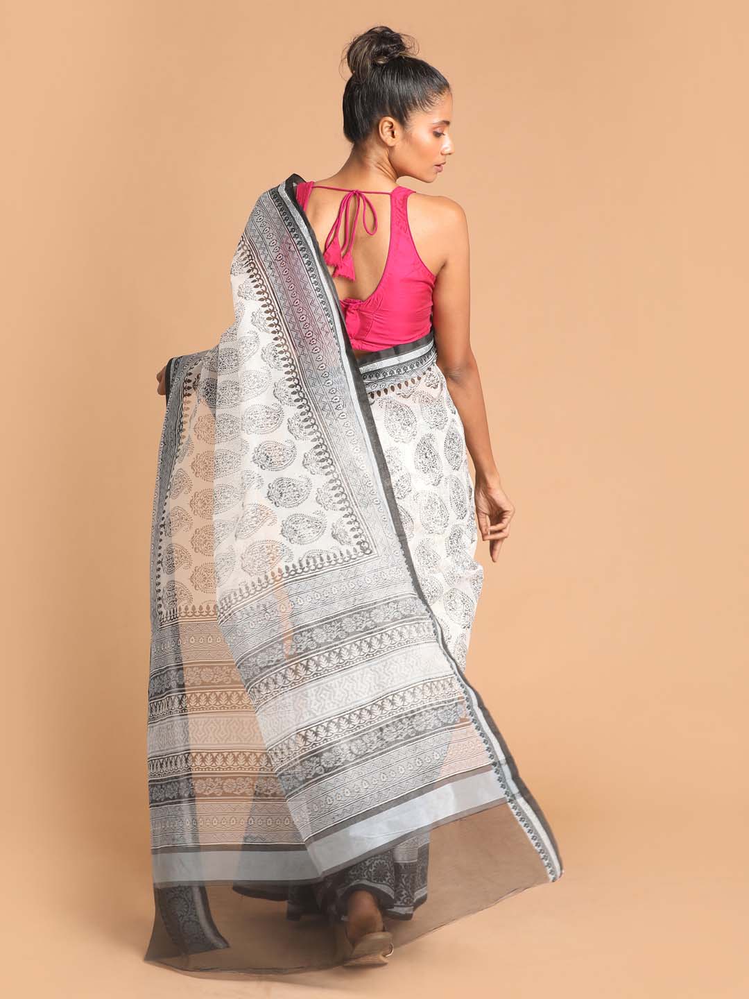 Indethnic Printed Super Net Saree in Black - View 3