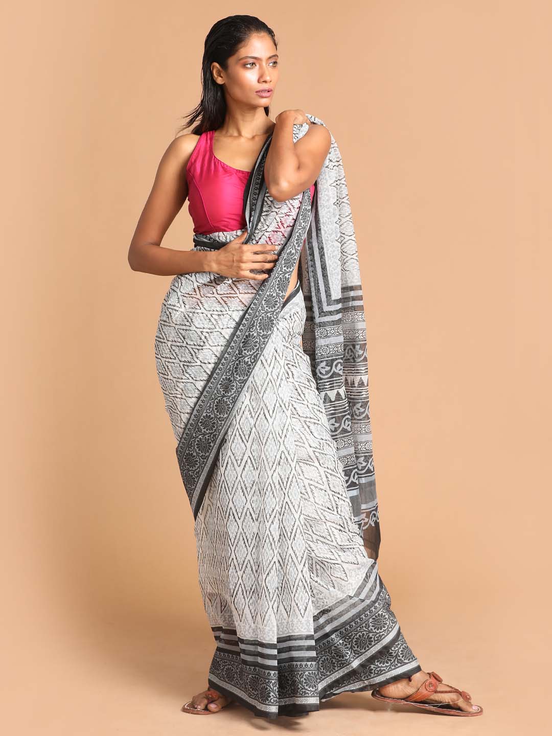 Indethnic Printed Super Net Saree in Black - View 1