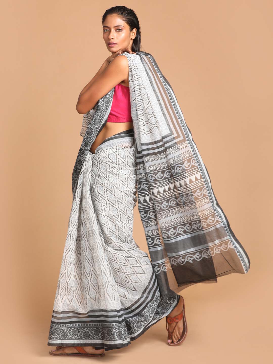 Indethnic Printed Super Net Saree in Black - View 2