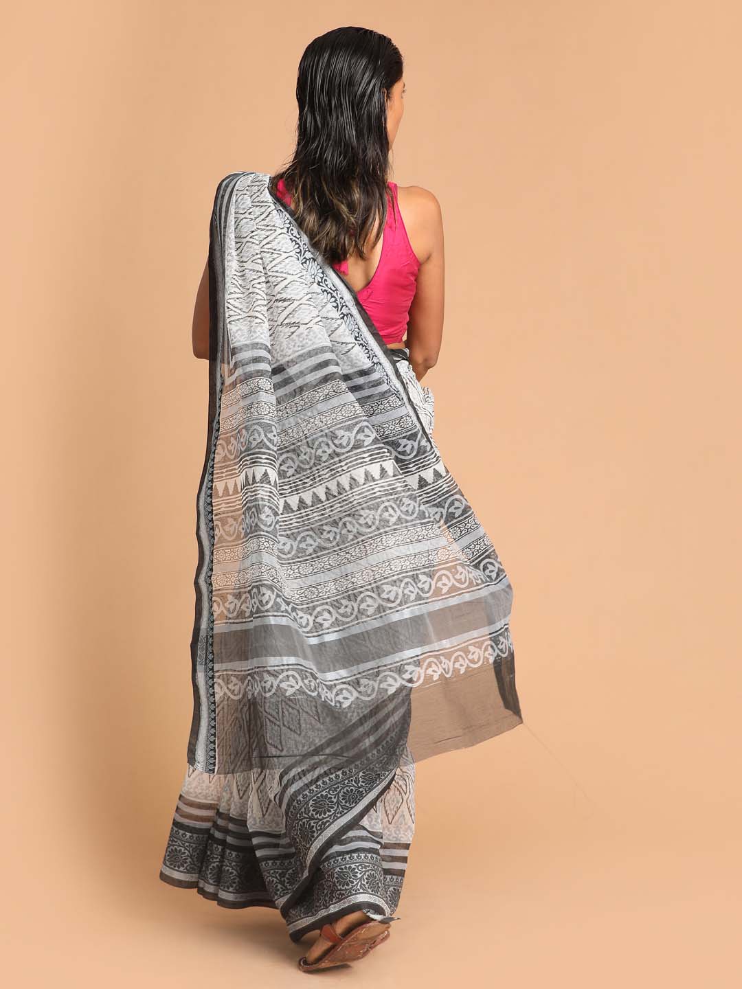 Indethnic Printed Super Net Saree in Black - View 3